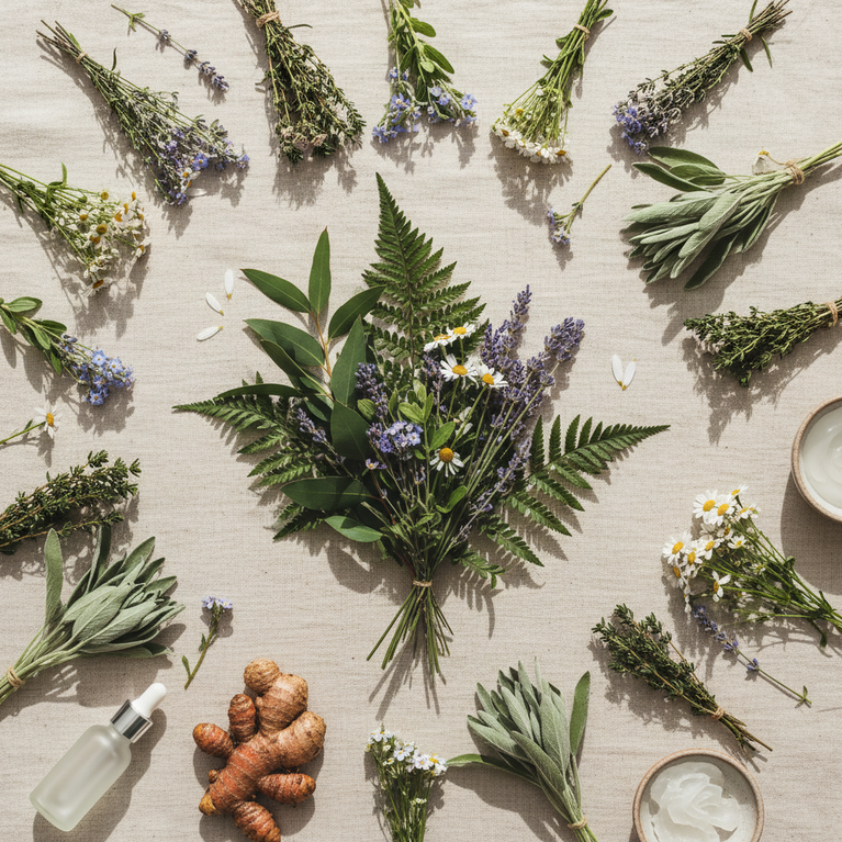 Herbal ingredients and skincare products on a neutral linen background