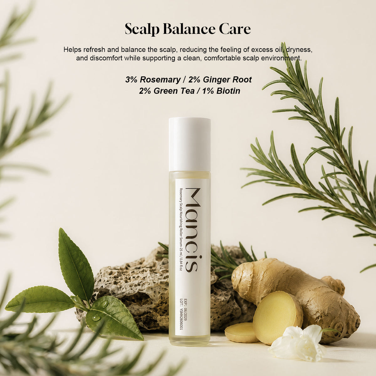 Rosemary Leave-In Scalp Roller Serum with rosemary, green tea leaves, ginger root, and biotin