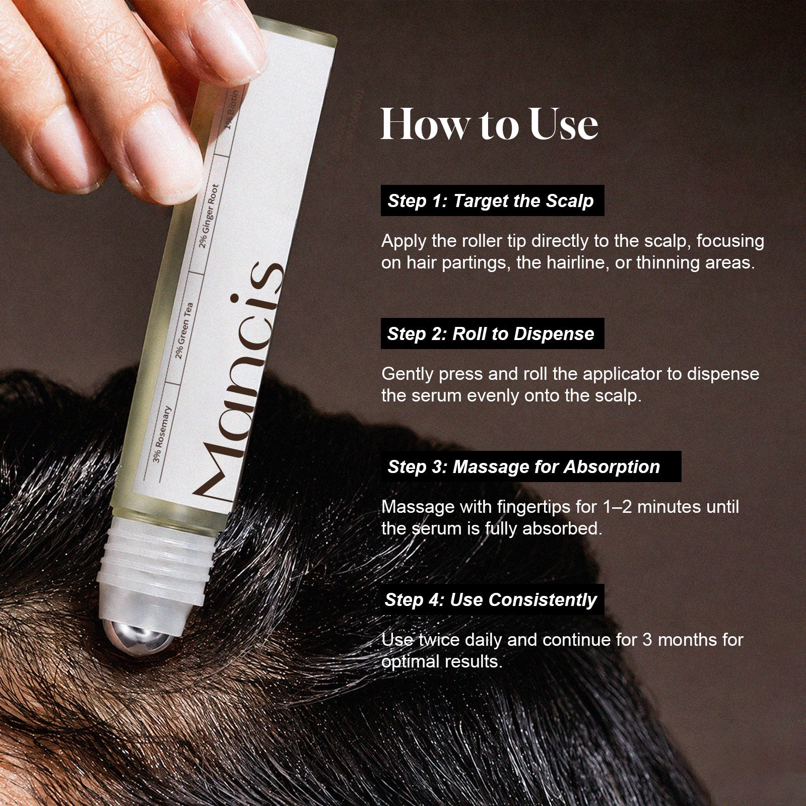 How-to-use guide showing the scalp roller serum applied directly to the scalp