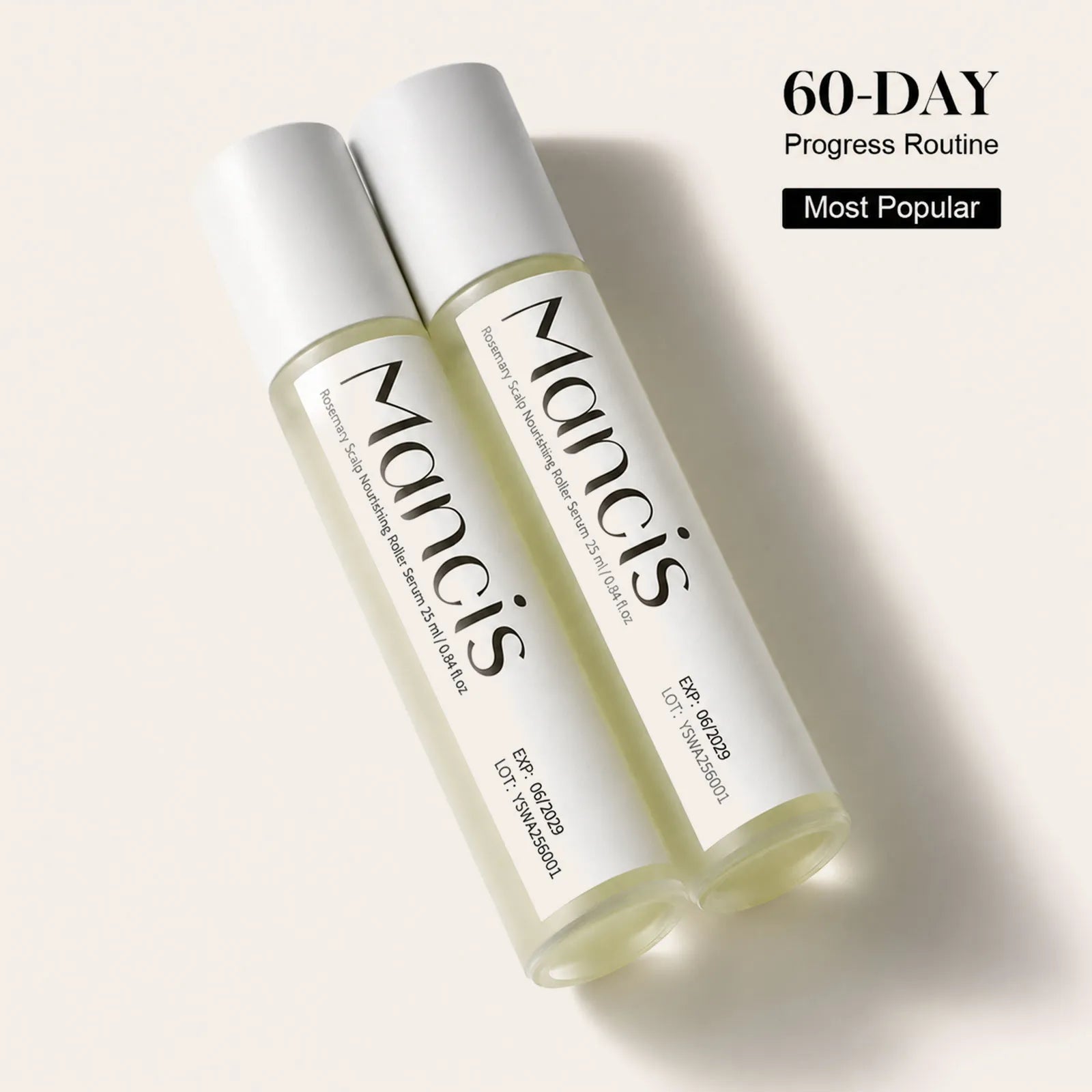 Two bottles of Mancis Rosemary Leave-In Scalp Roller Serum